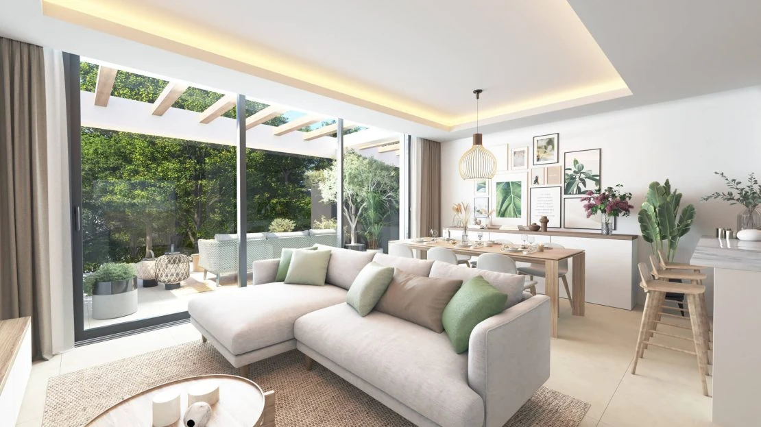 Elegante woonkamer met open keuken en panoramisch uitzicht