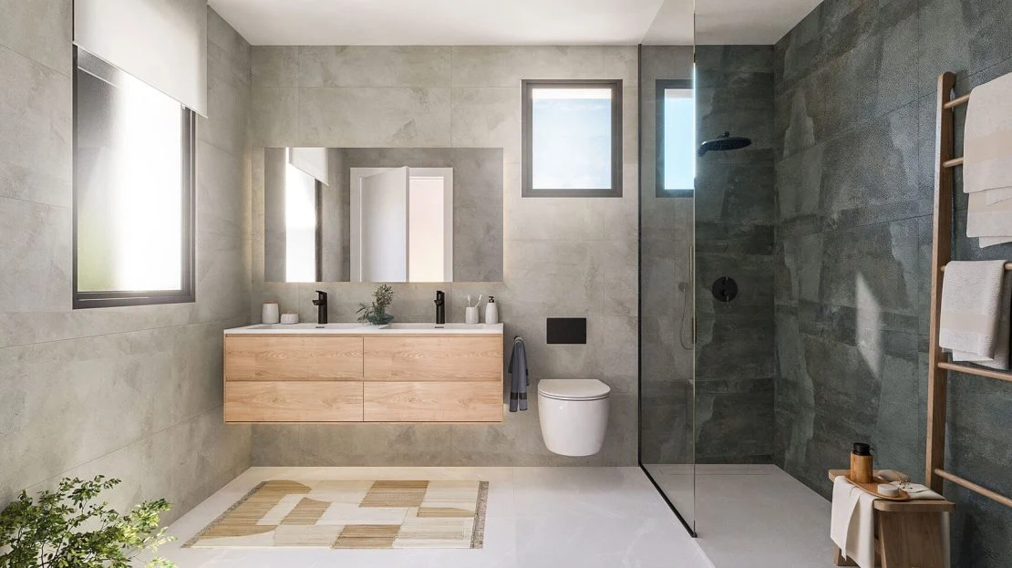 Badkamer met dubbele lavabo en inloopdouche