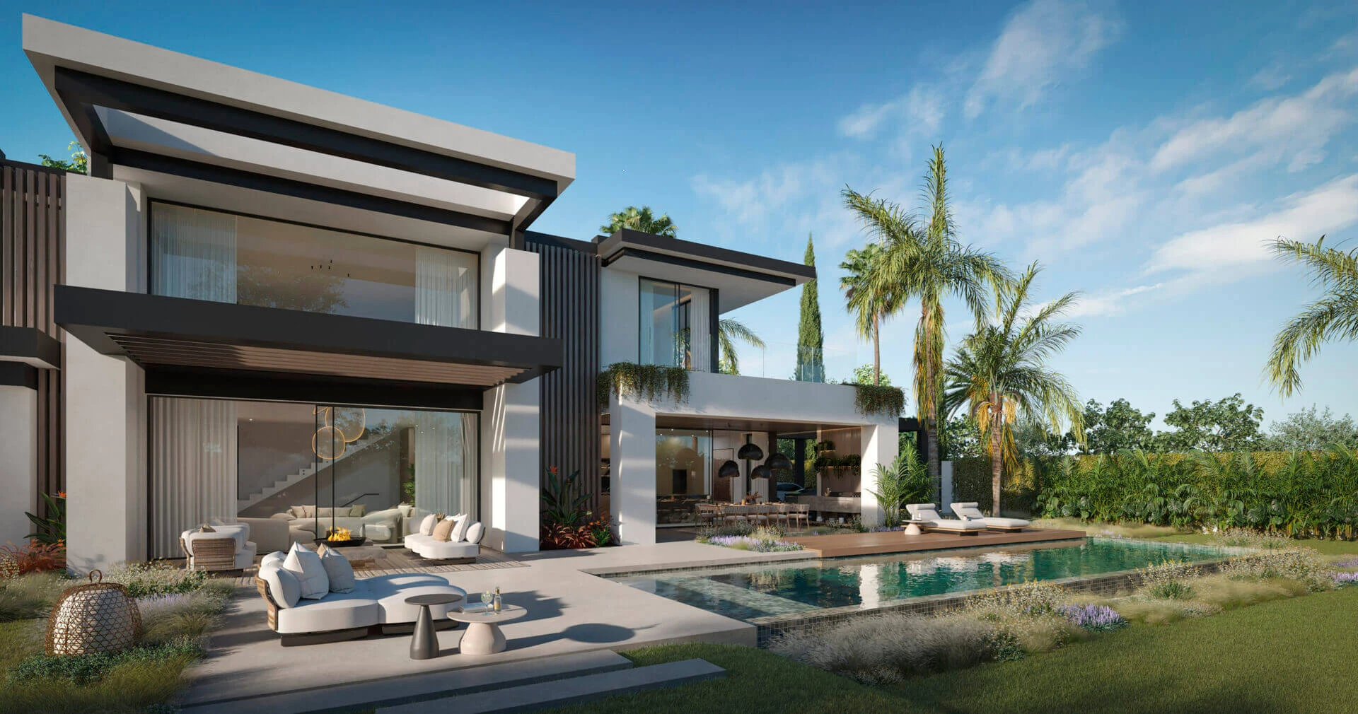 Poolside loungezone met vuurplaats