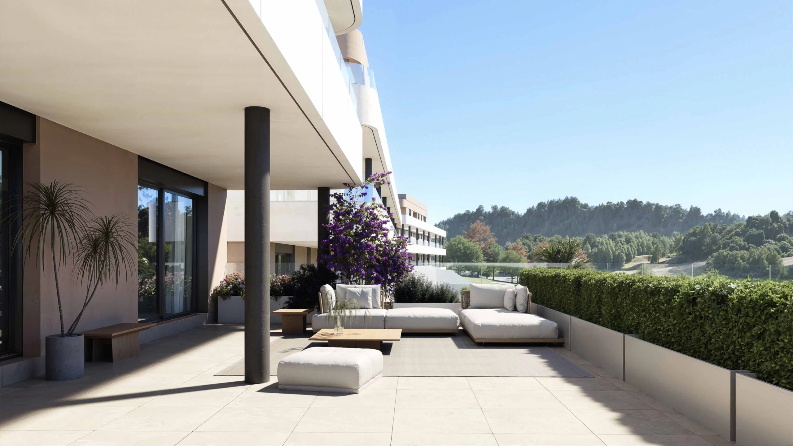 Terras met loungezetels en panoramisch uitzicht