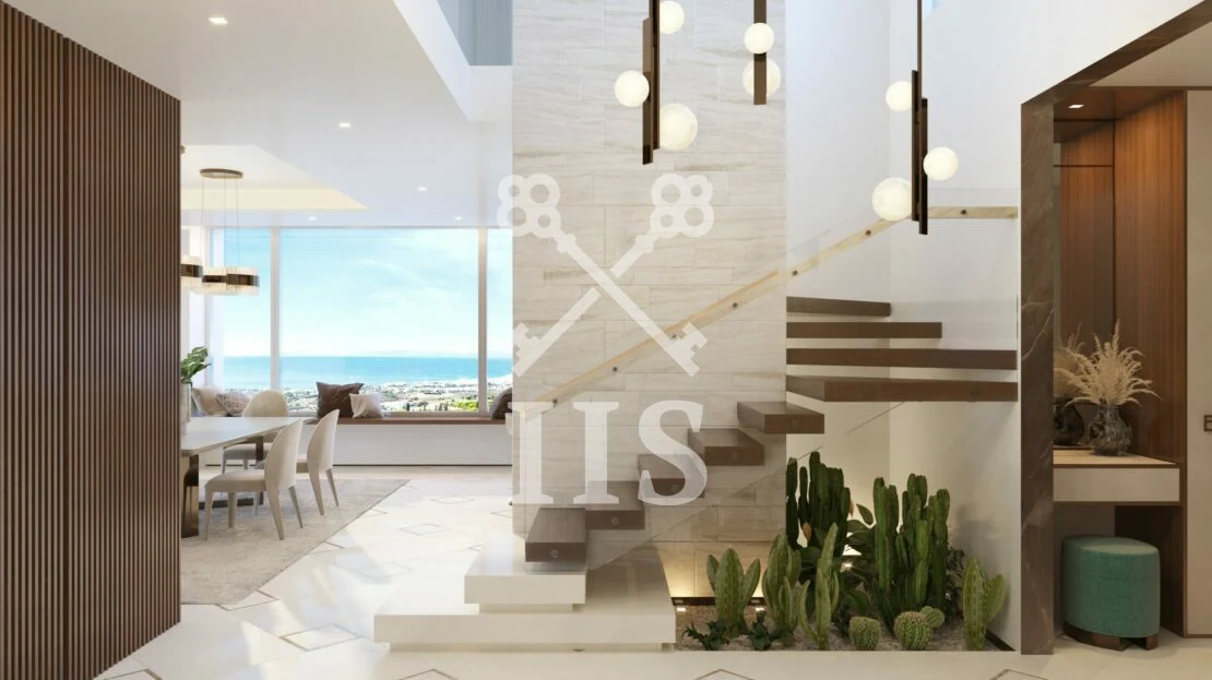 Ingang van de residentie met luxueuze lobby en architecturale details