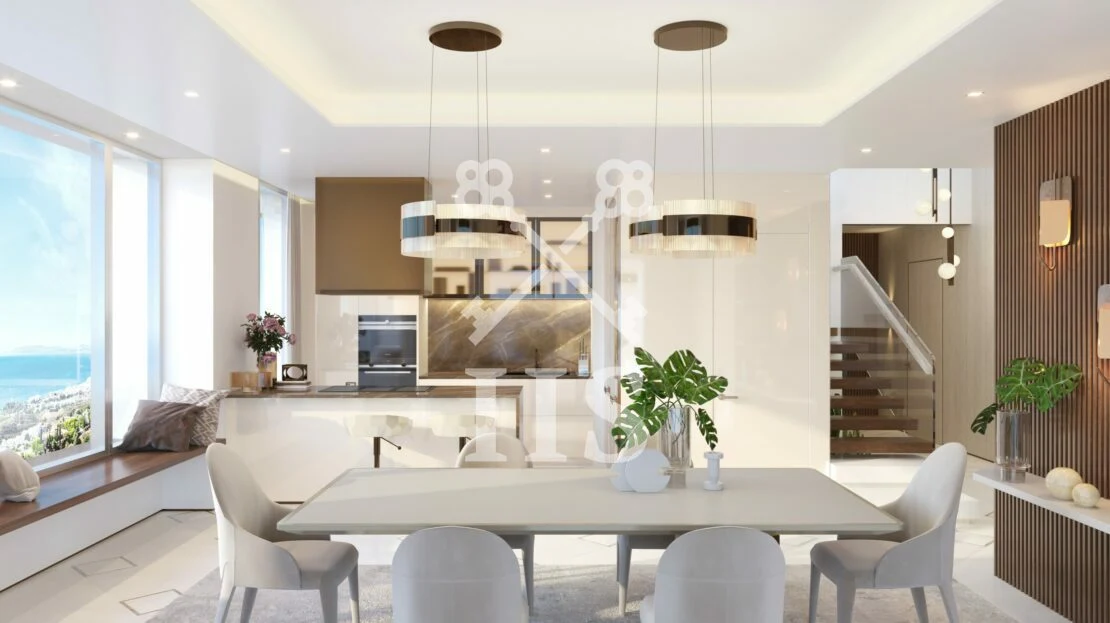 Eethoek en salon met dubbele hoogte en panoramisch raam