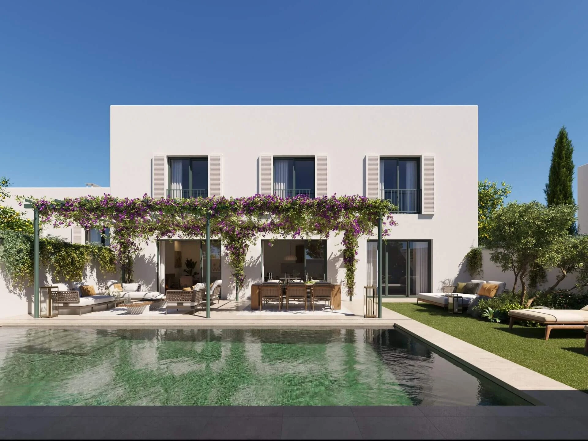 Villa met bougainvillea-begroeide pergola en zwembad