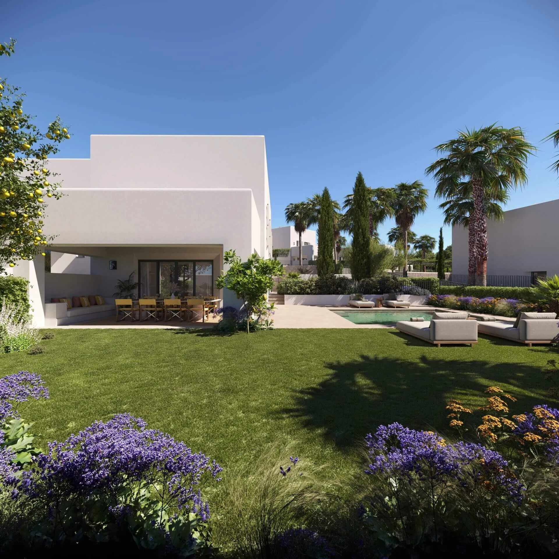 Achtertuin met loungeterras en zwembad
