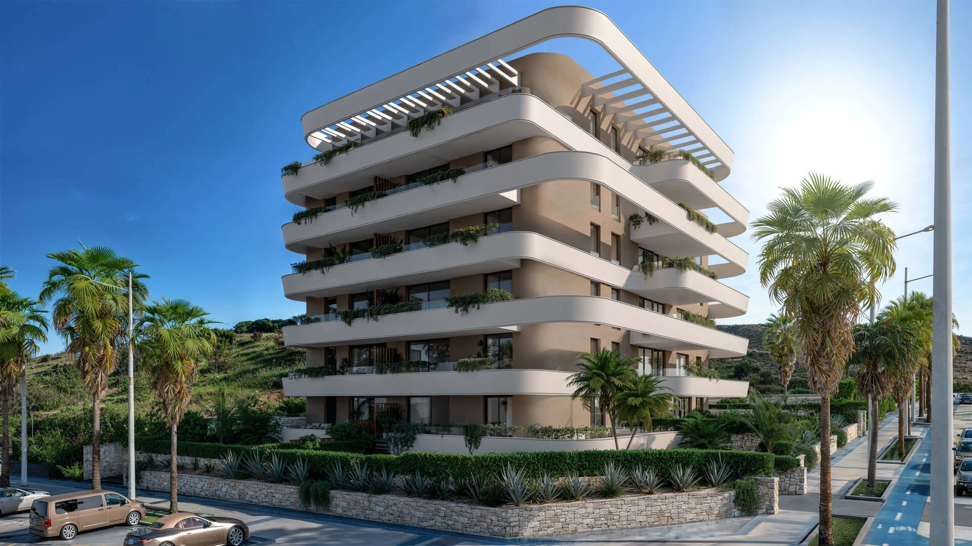 Gevelaanzicht van Looa Estepona tussen palmbomen