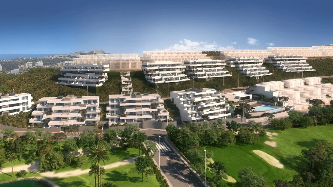 Gemeenschappelijk zwembad van Navigolf Suites omgeven door tuinen