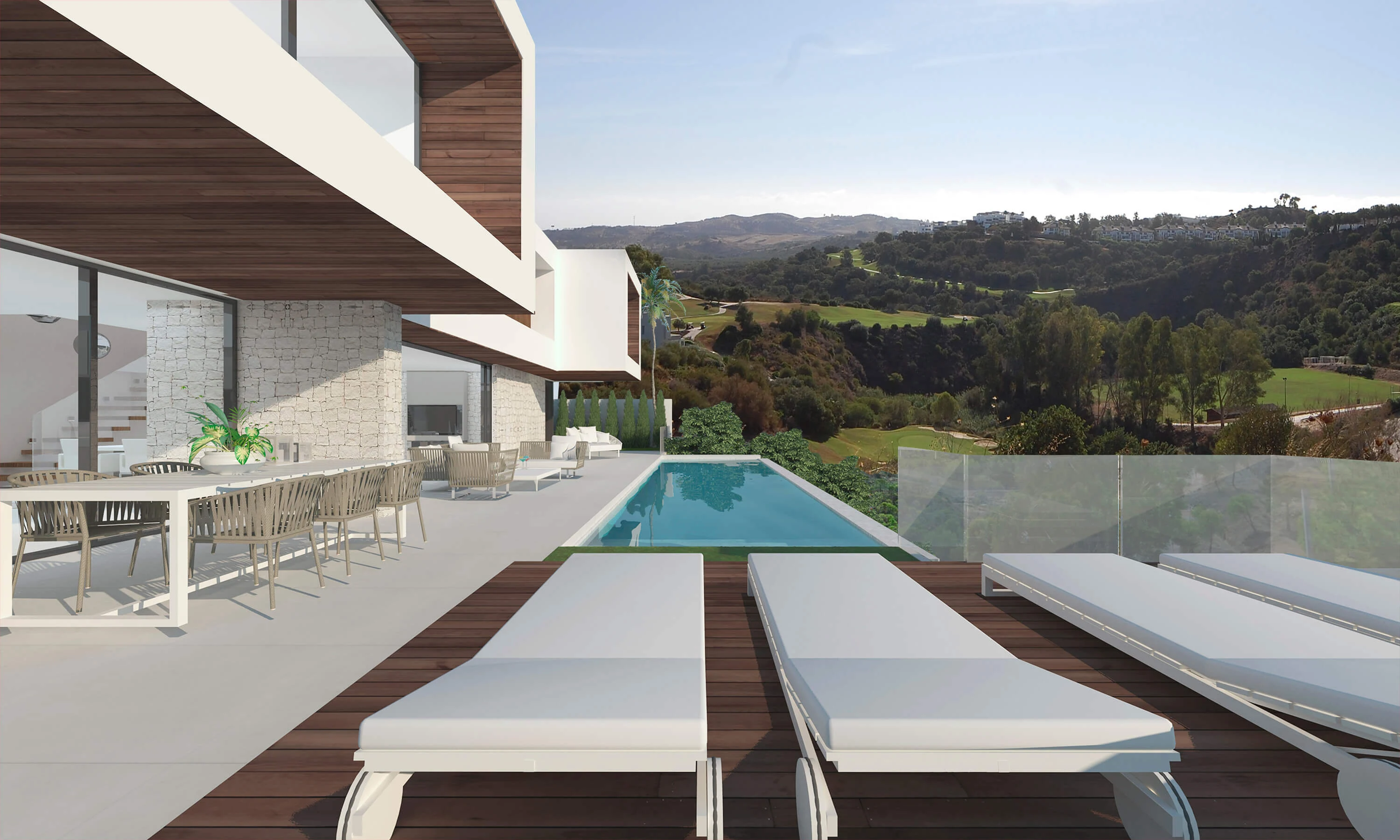 Terras met uitzicht op de golfbanen bij Villa Europa 6
