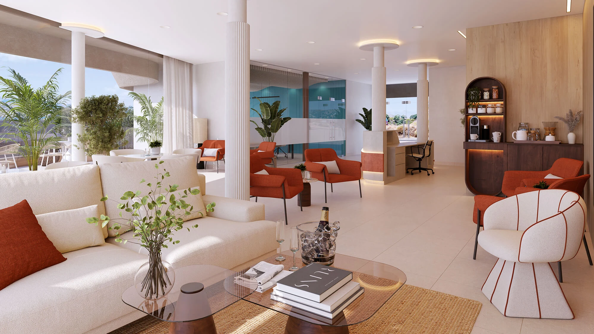 Vission Hills — interieur van de social club en coworking space