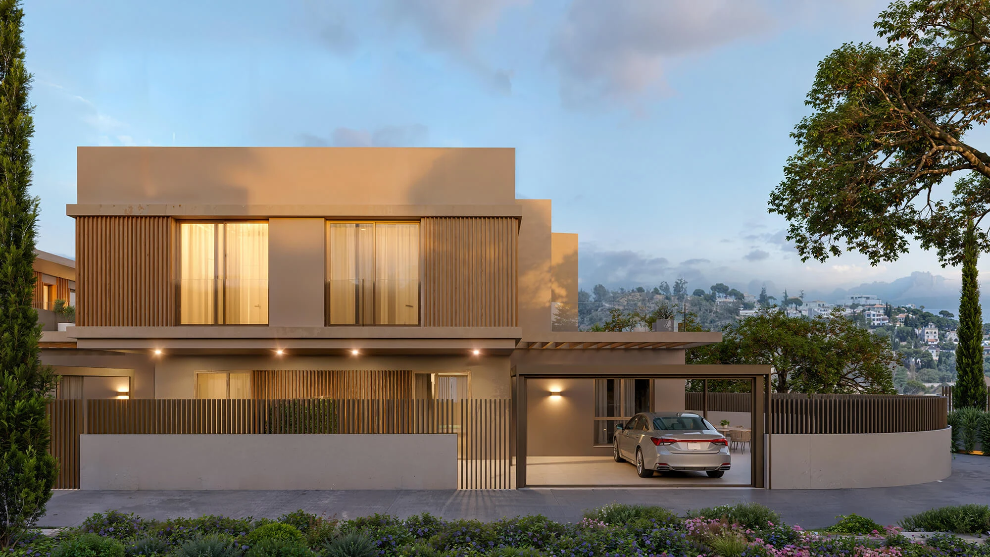Vission Hills — gevel van de halfvrijstaande woningen bij schemering